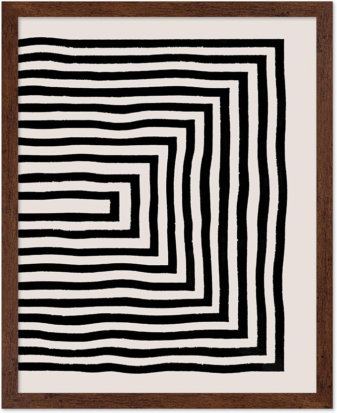 Poster Master Japanese Ink Poster - Rectangle Tunnel Print - Geometric Illustration - Abstract Illustration - Line Artwork - Mid Century Modern Art - Minimal Living Room Design - 16x20 Brown Framed