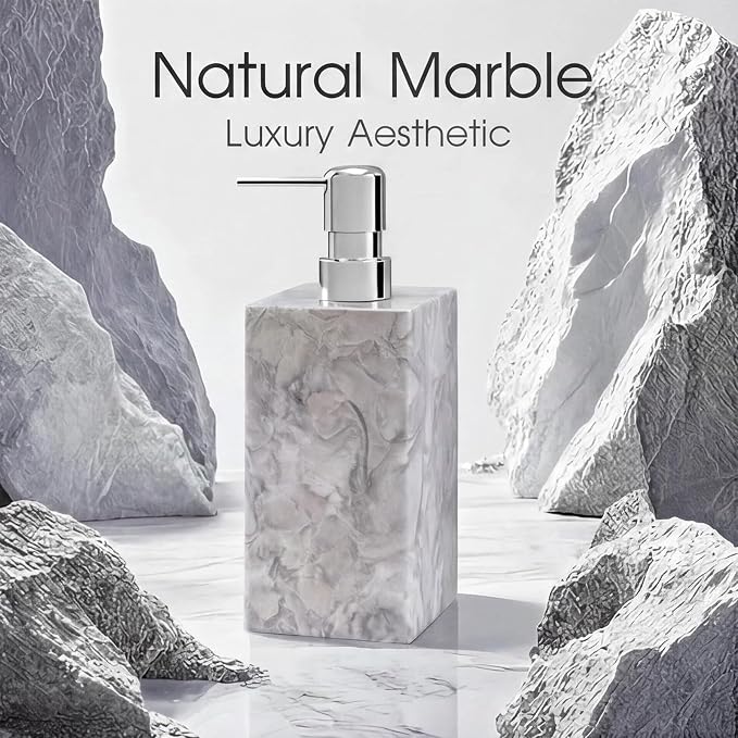Real Natural Marble Soap Dispenser with Stainless Steel Pump Decorative Liquid Hand Soap Bottle for Kitchen Bathroom, Compatible with Lotion, Dish Soap Shower Gel (Grey 1 Set)