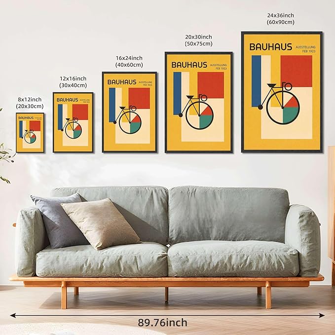 Vintage Bauhaus Geometric Bicycle Poster Canvas Wall Art, Abstract Colorful Shapes Print for Living Room Bedroom Home Decor Modern Minimalist Style (Black Framed,12”LX16"W)