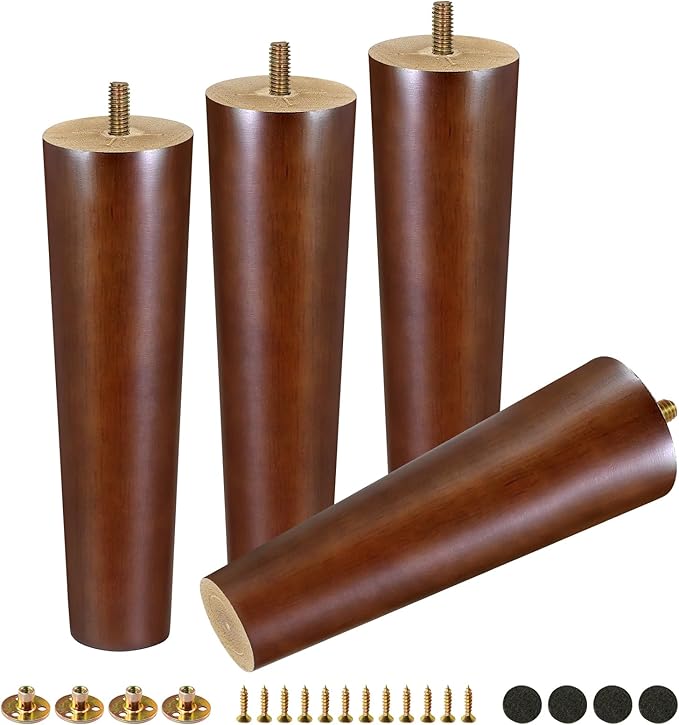 FoDau770 Brown Rubber Wood Furniture Legs 8 Inches, Straight Tapered Wood Feet Mid Century Sofa Legs Set of 4, 5/16" UNC Furniture Feet for Cabinet Couch Dresser Chair Ottoman Table