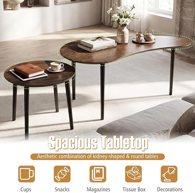 Giantex Nesting Tables Set of 2, Mid Century Modern Coffee Tables with Solid Wood Support Legs, Wood Side End Tables in Kidney & Round Shape for Living Room, Easy Assembly, Walnut