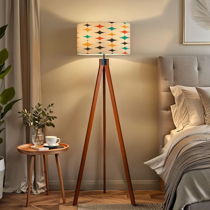 Wood Tripod Floor Lamp Mid Century Fifties Modern Stars Retro Colors Seamless Part Collection Mid Century Standing Lamp Linen Shade Dimmable Modern Tall lamp Home Decor for Living Room Bedroom Office