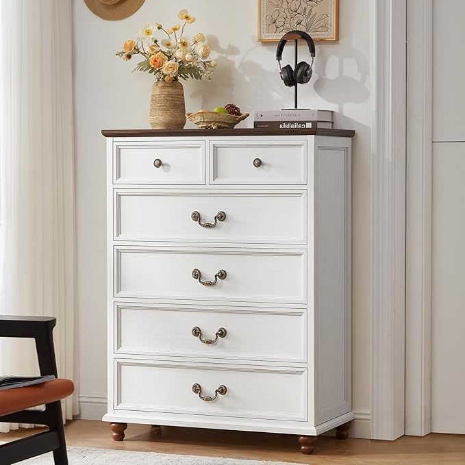 Farmhouse 6 Drawer Dresser Set of 2 for Bedroom, 42" Tall Rustic Chests of Drawers w/ 4 Solid Wood Feet, Mid Century Vintage Wooden Closet Storage Dressers Organizer for Living Room,White