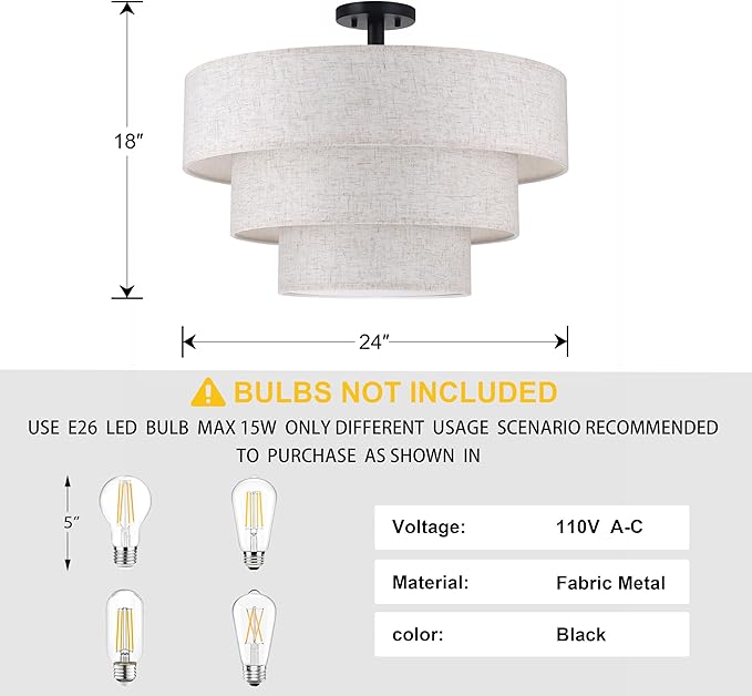 Doraimi Lighting 3 Tier Cream Linen Drum Fabric Semi Flush Mount Light Modern Farmhouse Decor 7 Light 24 Inch Black Finish for Kitchen Living Room Dining Room Corridor Hallway