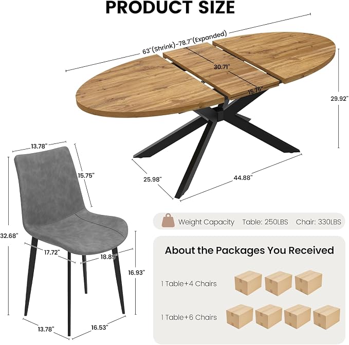 63"-78.7" Extendable Round Dining Table Set for 4, 5 Piece Mid Century Modern Oval Kitchen Table Set, Large Dining Table with 4 Dining Chairs for Living Room Space Saving（Walnut Table+4 Grey Chairs)