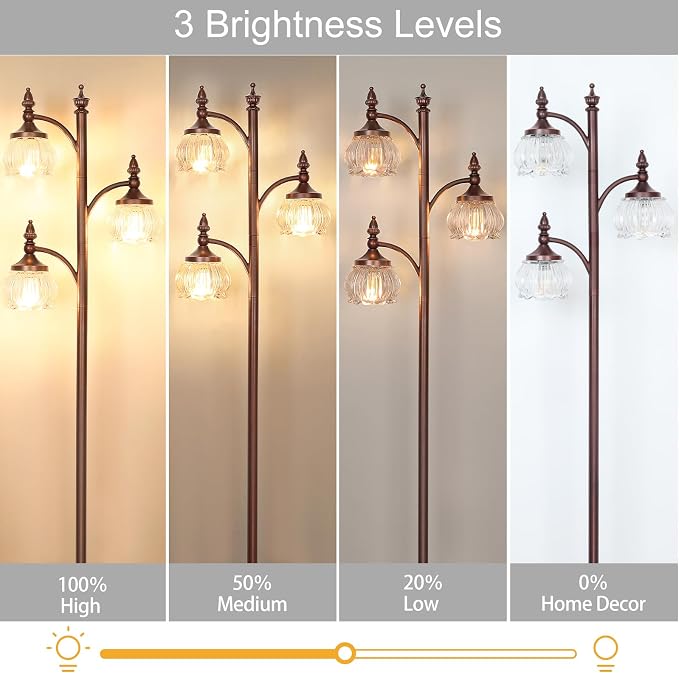 JUNNAI Brown Floor Lamps for Living Room Standing Lamp with 3 Brightness Lights Glass Shade 66.5in Flower Lamp for Bedroom Office Corner(3LED Bulbs Included)
