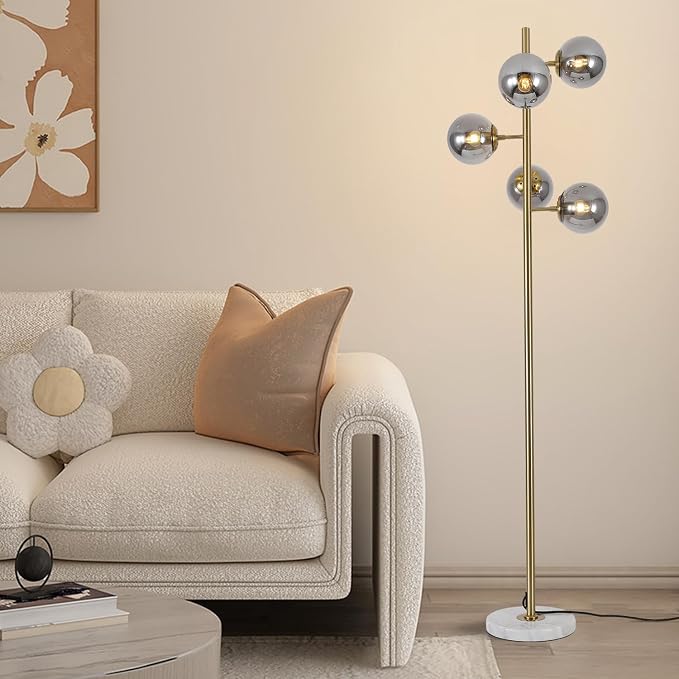 KCO Lighting Glass Globe Floor Lamp Mid Century Modern Standing Lamp Gold and Marble Floor Lamps Brass Reading Floor Lamp Bright Floor Light for Dark Rooms Living Room Bedroom