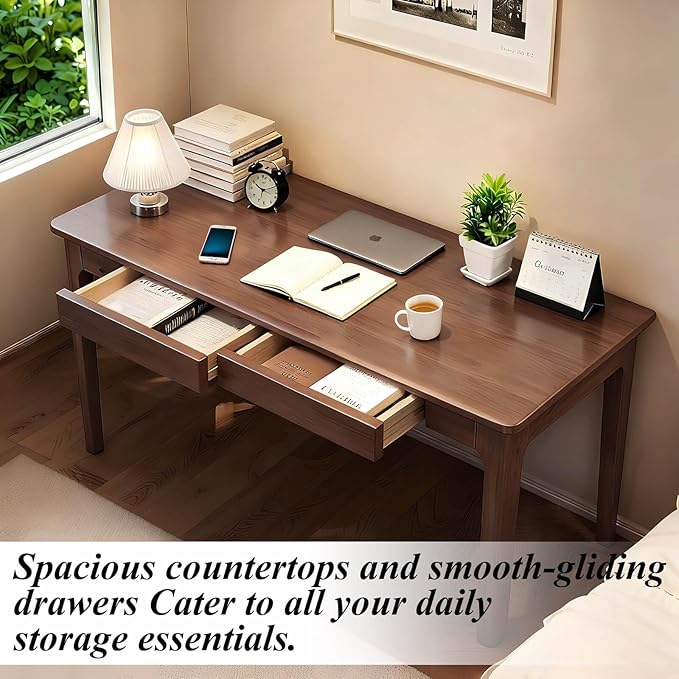 Solid Wood Desk,40" Oak Wooden Desk with Drawers,Mid Century Modern Small Computer Desk with Drawers for Small Spaces Home Office Solid Wood Writing Desk (Walnut Color-2, 40")