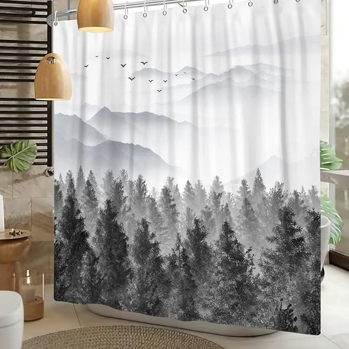 Baocicco Grey Forest Mountain Shower Curtain Watercolor Misty Forest Nature Tree Mountain Landscape Shower Curtains for Bathroom Waterproof Fabric Shower Curtain with Hooks 72x96 Inches