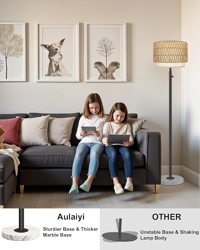Rattan Floor Lamp,Floor Lamp for Bedroom,Modern Standing Lamp with Marble Base,Dimmable Standing Lamp for Bedroom, Reading,Office & Kids' Room,LED Bulb Included