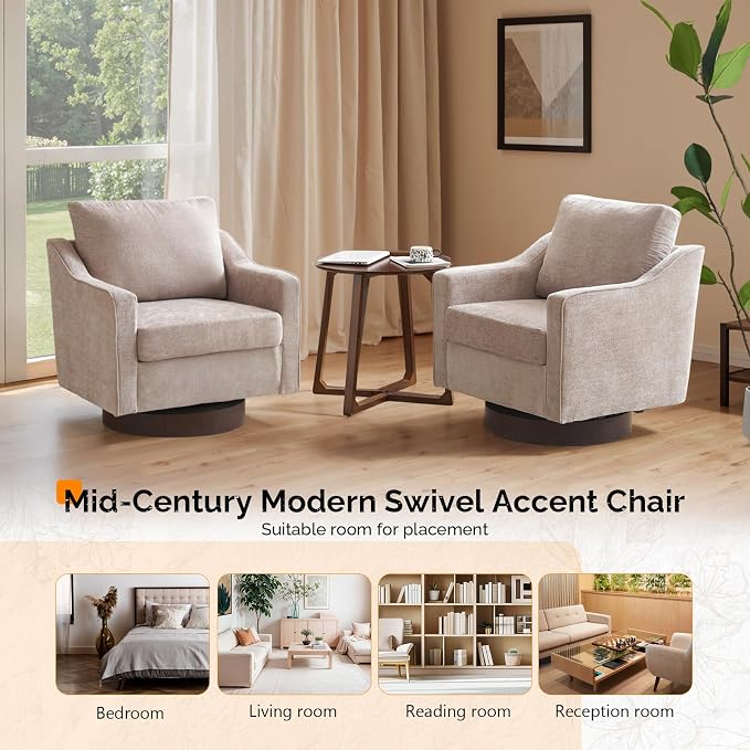 VINGLI Mid-Century Modern Swivel Accent Chairs Set of 2, 360°Upholstered Armchairs, Home Sofa with Track Arms for Living Room, Bedroom, Reading Room, Club Swivel Chairs, Chenille Khaki