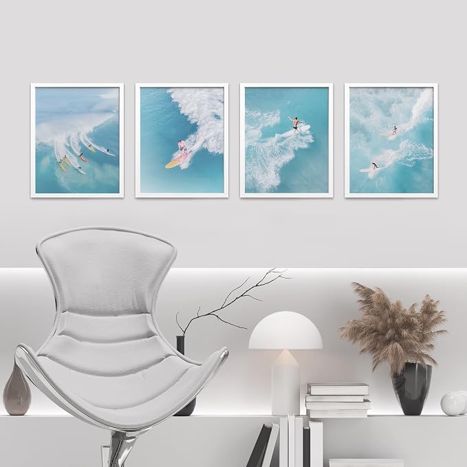 SIGNWIN Framed Ocean Nautical Landscape Wall Art, Set of 4 Surfing Surfboard Aerial View Wall Decor Prints, Nature Wilderness Wall Décor for Living Room, Bedroom - 12"x16" White