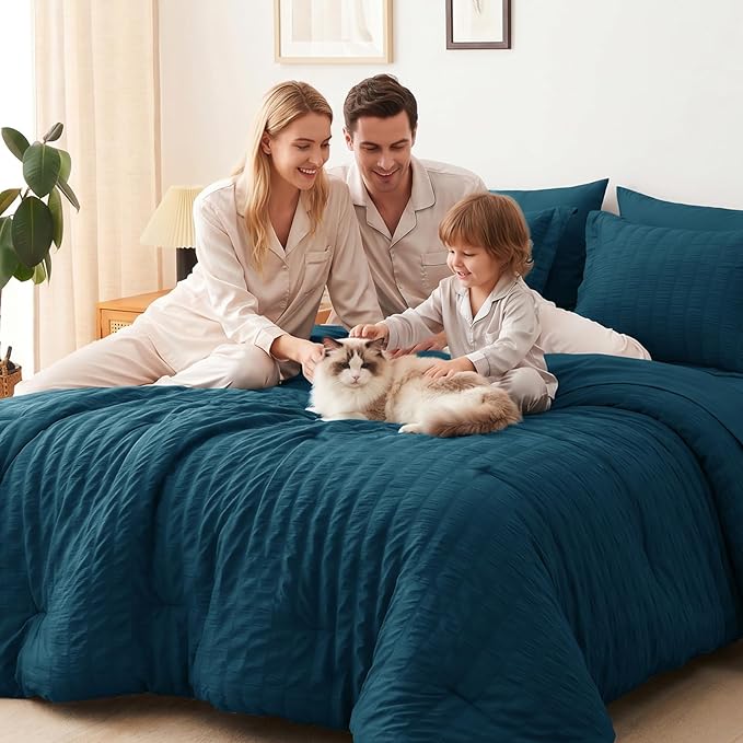 CozyLux King Size Comforter Set Lyons Blue, 7 Pieces Seersucker Textured Luxury Bed in a Bag, All Seasons Soft Bedding Sets with Down Alternative Comforter, Sheets, Pillowcases & Shams, Home Gift
