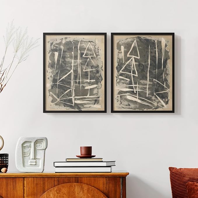 Renditions Gallery Set of 2 Peel & Stick Framed Prints, Trendy Abstract Wall Art, Textured Linework Striking Wall Decor, Re-Stickable - Ready to Hang - 8"x10" - Black Frame LT588