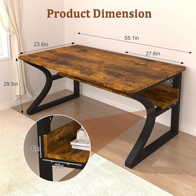 55 X 23.6'' Computer Desk, Home Office Desks w/Shelf Storage, Computer Desk w/Metal Frame, Cable Management, Study Student Desk Writing Work Table Deeper & Thicker Desktop for Home Bedroom