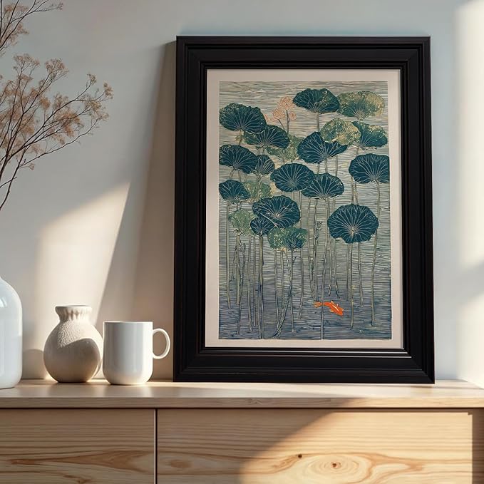 Vintage Framed Lotus And Koi Canvas Poster Japanese Floral Botanical Pond Wall Art Retro Oriental Asian Prints Decor for Bedroom Zen Meditation Room Home 16x20 inch