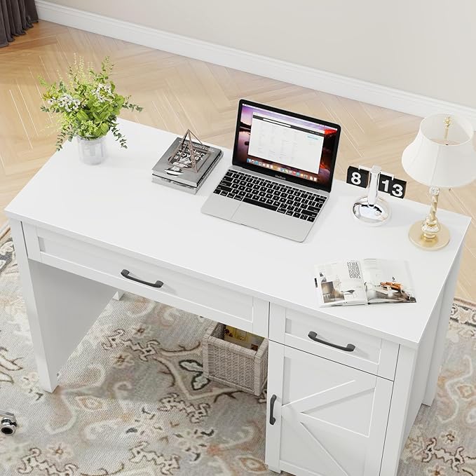 Vabches Farmhouse 47" Executive Desk, Computer Desk with Drawers and Storage Cabinet, Workstation for Home Office and Study.(Cream White)