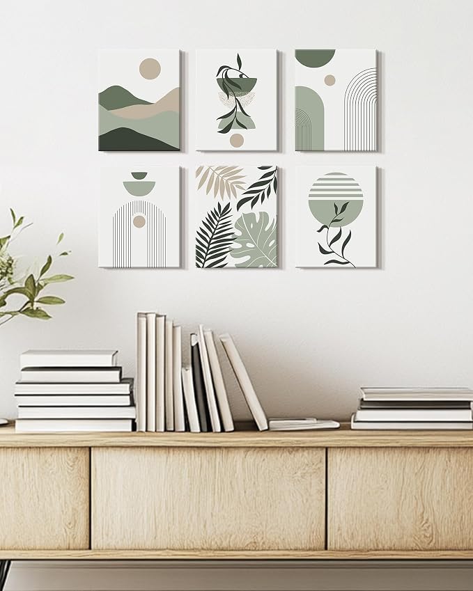 Drsoum Boho Framed Wall Art Minimalist Geometric Abstract Boho Room Decor Green Sage Botanical Mid Century Modern Bohemian Prints Living Room Bedroom Ready to Hang 8x10inx6pcs (Framed)
