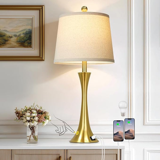 Rinweey 27.5" Gold Lamps for Living Room, Touch Control 3-Way Dimmable Bedside Nightstand Lamps Bedroom Lamp,Modern Gold Table Lamp with USB A+C Ports,Tall Lamps for Living Room End Table（1Pack）