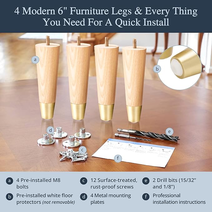 Premium Ash Wood Furniture Legs with Gold Caps (Full Install Kit) - Pick Your Size and Color