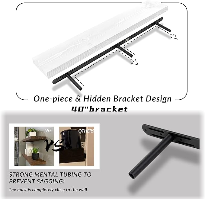 Rusitc Floating Shelves 48 inch Long 8 "deep Set of 2, Heavy Duty Wood Wall Mounted Shelves for Bathroom Living Room Kitchen,Book Shelves with Thickened Hidden Bracket-White