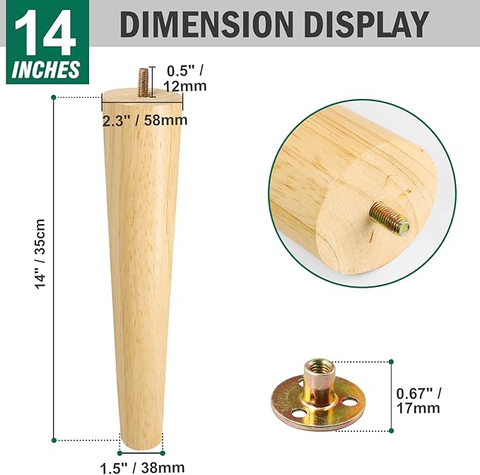 FoDau770 Rubber Wood Furniture Legs 14 Inches, Straight Tapered Wood Feet Mid Century Sofa Legs Set of 4, 5/16" UNC Furniture Feet Replacement Parts for Cabinet Couch Dresser Chair Ottoman Table