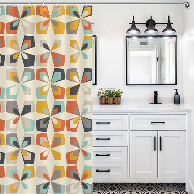 Mid Century Shower Curtain Geometric Retro Rustic Style Pattern Duty Fabric Shower Curtains Set Bathroom Polyester Waterproof with 12 Hooks, 66x72Inch（168x183cm）