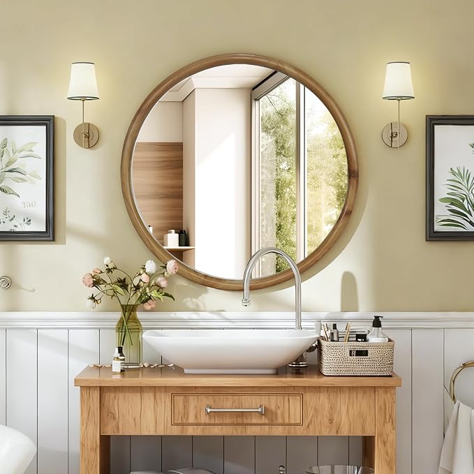 Havemies 27.56" Round Wood Framed Wall Mirror - Natural Mid-Century Modern Decorative Mirror for Bathroom, Bedroom, Entryway, Lightweight & Easy to Hang, Farmhouse Wall Decor