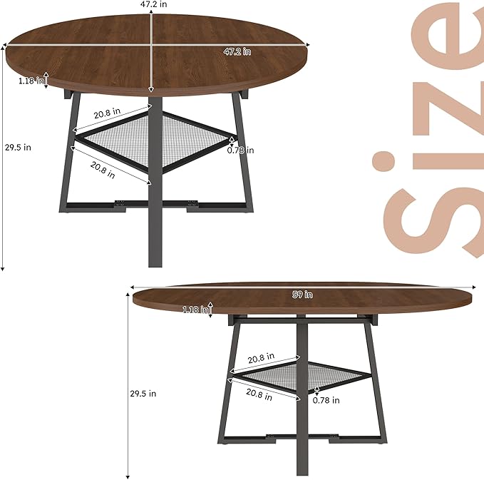 43"-59" Extendable Round Dining Table for 4-6,Mid Century Modern Walnut Wood Grain Table,Expandable Kitchen Table with Metal Storage Shelf for Small Spaces
