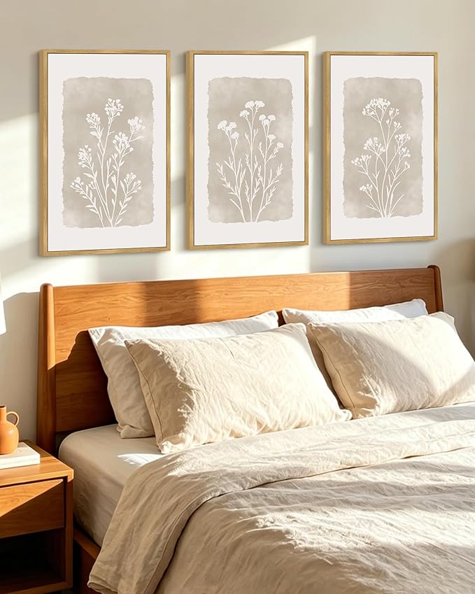 KUVIOKE Boho Botanical Flower Framed Wall Art Farmhouse Vintage Floral Wall Painting Rustic Wildflower Neutral Prints for Living Room Bedroom 16x24in (Natural Framed)