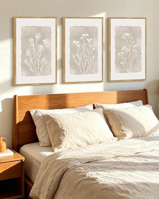 KUVIOKE Boho Botanical Flower Framed Wall Art Farmhouse Vintage Floral Wall Painting Rustic Wildflower Neutral Prints for Living Room Bedroom 16x24in (Natural Framed)