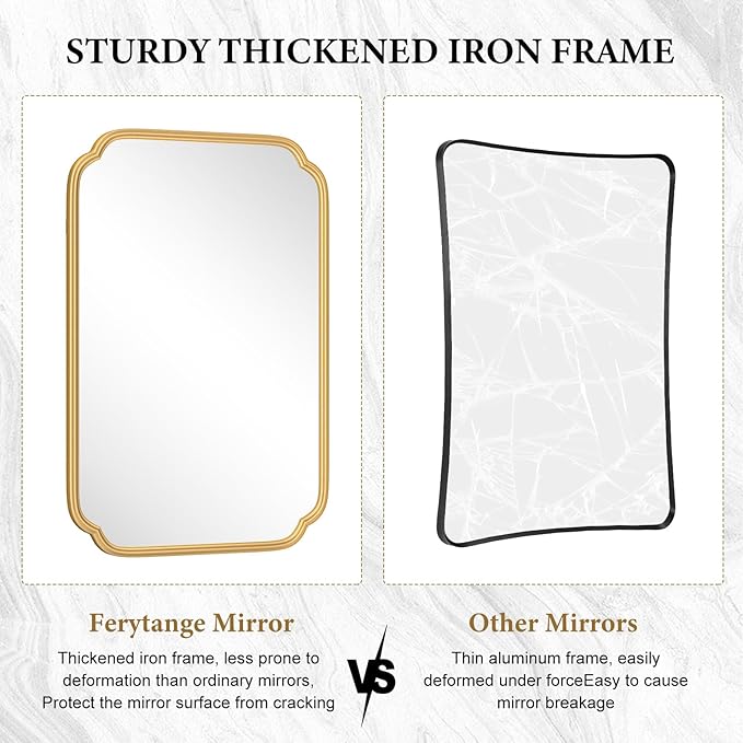 Gold Mirrors for Bathroom, 18" x 24" Rectangular Wall Mirror for Bathroom Metal Frame Farmhouse Rounded Corner Wall Mirror (Horizontal/Vertical)
