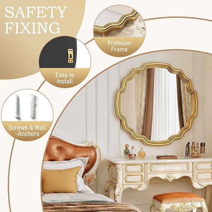 Decorative Gold Round Wave Mirror 26" Scalloped Edge Circle Mirror Wall Decor for Bathroom Entryway Fireplace Living Room Bedroom Hallway with Shatterproof Glass
