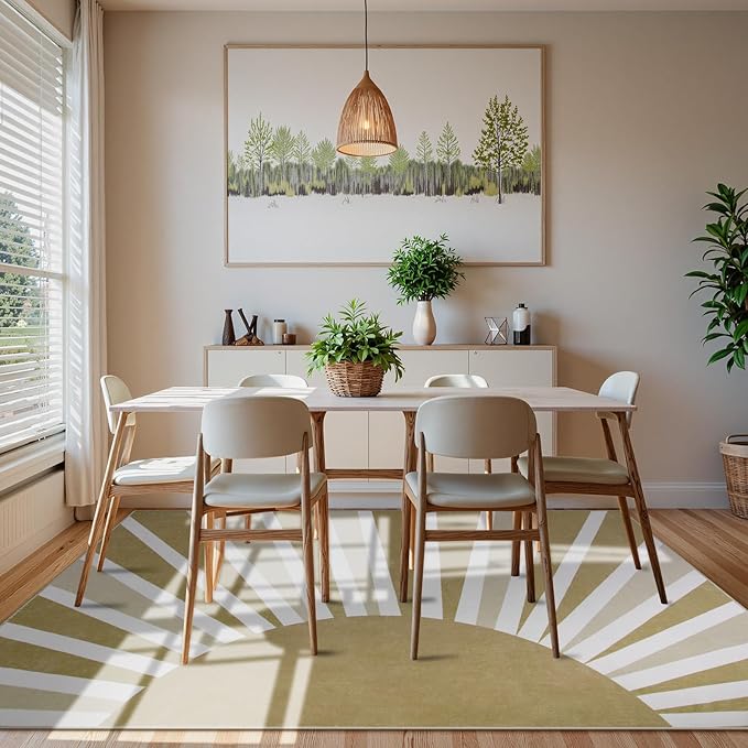 Lahome Machine Washable Rugs 8'x10' - Non-Slip Ultra-Thin Living Room Rug 8x10, Boho Rainbow Sun Print Indoor Soft Carpet for Dining Room Table Office (8'x10', Khaki)