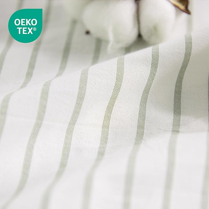NEXHOME PRO Striped Duvet Cover King Size,100% Washed Cotton Bedding Set,Textured Linen Feel,Breathable,Organic,3 Piece(Green Stripes 104x90)