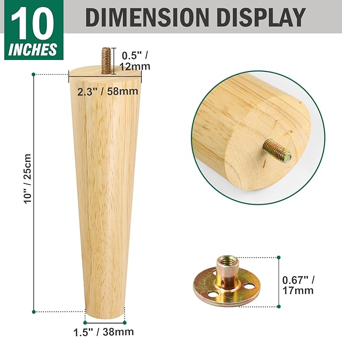 FoDau770 Rubber Wood Furniture Legs 10 Inches, Straight Tapered Wood Feet Mid Century Sofa Legs Set of 4, 5/16" UNC Furniture Feet Replacement Parts for Cabinet Couch Dresser Chair Ottoman Table