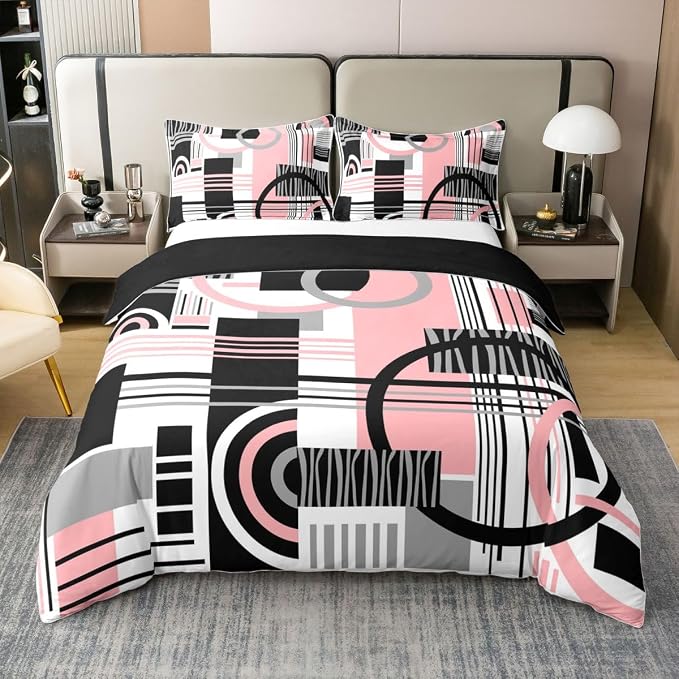 Erosebridal Art Deco Mid Century Duvet Cover Set Retro Modern Abstract Geometric 100% Cotton Comforter Cover Black and White Pink Circles Stripes Twin Bedding Sets for Girls, Contemporary Bed Set