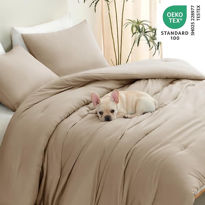 CozyLux King Size Comforter Set Taupe, 3 Pieces Lightweight Down Alternative Quilted Bedding Sets, All Season Soft Breathable Solid Comforter with 2 Pillowcases, Luxury Bed Set Gift for Home