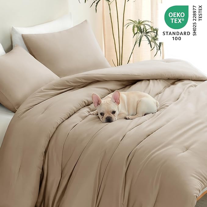 CozyLux Queen Comforter Set Taupe, 3 Pieces Lightweight Comforters Queen Size Quilted Bedding Sets, All Season Breathable Solid Down Alternative Comforter with 2 Pillowcases, Bed Set Gift for Home