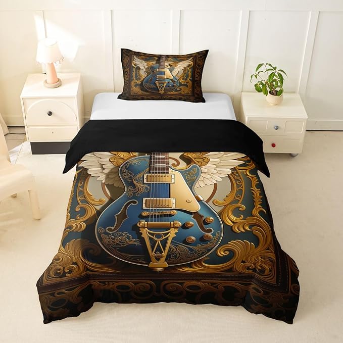 Erosebridal Guitar Toddler Bedding Set for Men Adults - Retro Baroque Rock Style Duvet Cover Luxury Angel Wings Guitar Comforter Cover,Rock Roll Music Aesthetic Bed Set