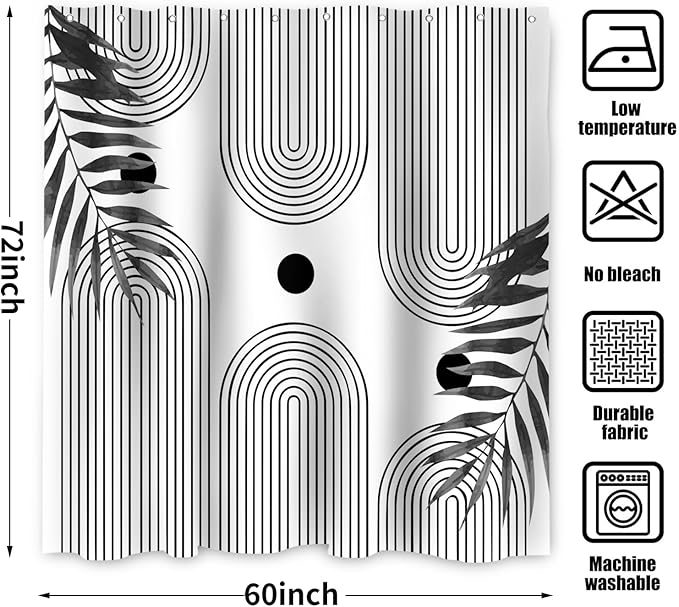 Boho Mid Century Modern Shower Curtain, Abstract Arch Leaf Minimalist Sun Black and White Machine Washable Waterproof Fabric for Bathroom Decor Bathtub with Hooks 60Wx72H