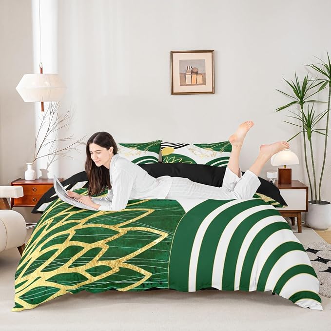 Erosebridal Green Boho Modern Duvet Cover King Size for Women Men Adults - Mid Century Abstract Comforter Cover Bohemian Geometric Bedding Set Chic Contemporary Stripes Bed Set