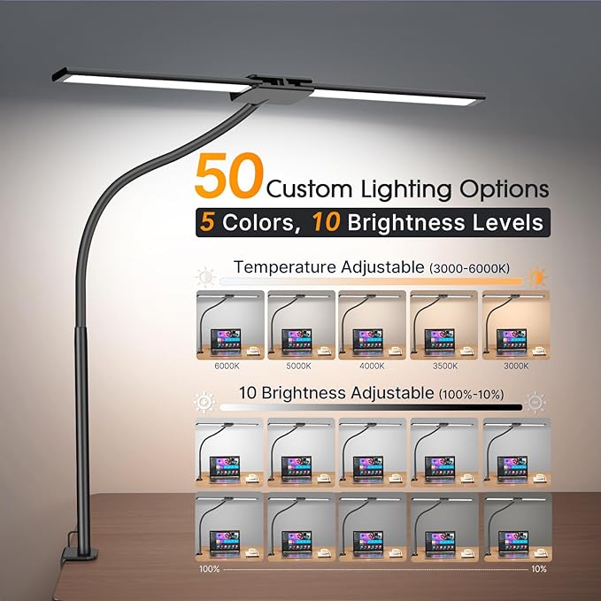 Syrinx LED Desk Lamp for Home Office, Architect Desk Lamp with Clamp, Gesture/Wired Control, Ultra Bright Gooseneck Desk Light, Memory & Timer, 50 Lighting Modes for Study, Reading, Crafting