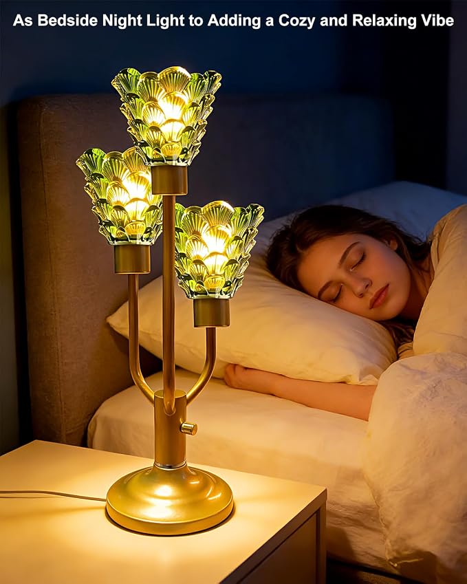 Lightdot Mid Century Modern Table Lamp for Bedroom Dimmable Nightstand Lamp Gold Vintage Desk Lamp Green Glass 3 Bulbs Included Warmwhite Ambient Bedside Lamp for Living Room Home Office Decor Gift