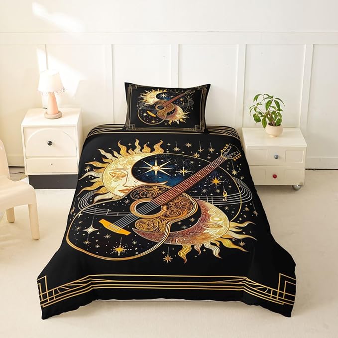Erosebridal Boho Guitar Toddler Bedding Set for Adults - Luxury Bohemia Sun Moon Duvet Cover Mystical Celestial Star Sky Comforter Cover,Romantic Music Guitar Bed Set