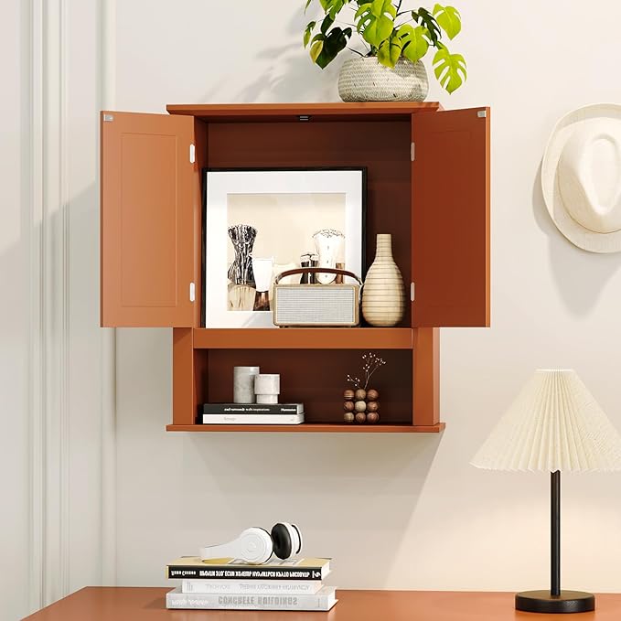 VINGLI Bathroom Wall Cabinet, Black Wall Mounted Storage Cabinet for Bathroom Over the Toilet, Medicine Cabinet with 2 Doors and 3-Height Adjustable Shelf & Open Shelf, Painted MDF, Space Saving