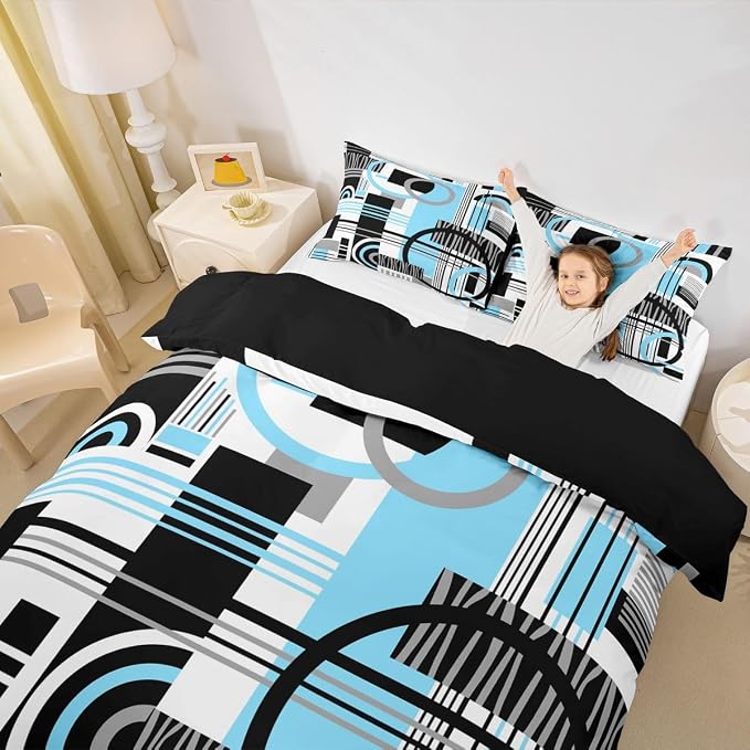 Art Deco Mid Century Duvet Cover Set Retro Modern Abstract Geometric Full Size Bedding Sets for Tween Boys Girls Black and White Sky Blue Circles Stripes Comforter Cover Contemporary Bed Set