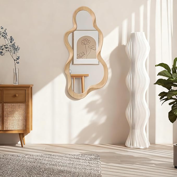 Asymmetrical Mirror for Wall Decor Modern Wooden Framed Irregular Mirrors Unique Shape Wall Mounted Vanity Artistic Wavy Mirror Decorative for Living Room Bedroom Bathroom Entryway 30"x14"