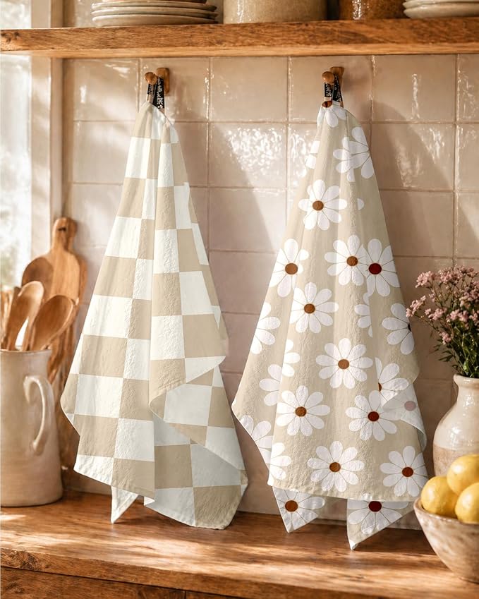 Miss Adola 4pcs Flour Sack Kitchen Towels - 16x26 Inch Cotton Dish Towels Set of 4 with Hanging Loop Reusable Geometric Boho Modern Retro Tea Towel Absorbent Dishcloths Home Decor, Beige Plaid Daisy