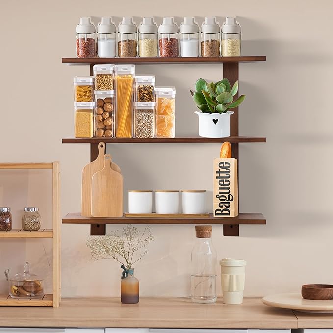 PHOENANCEE 3 Tier Floating Shelves,Long Wall Shelf,Over The Toilet Shelves Bathroom Hanging Display Storage Rustic for Living Room Bedroom Kitchen Office Coffee Bar Decor Decorative,24 Inch,(Walnut)